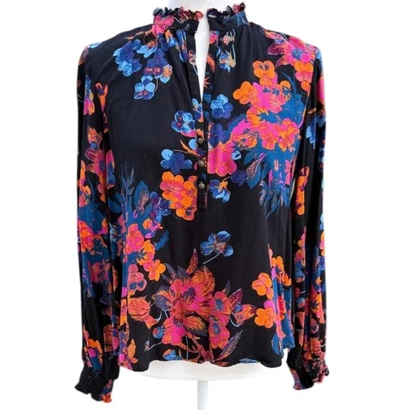 ANTHROPOLOGIE Maeve Colette Peasant Blouse Floral Ruffle Boho Black Small M $108 - Picture 2 of 10